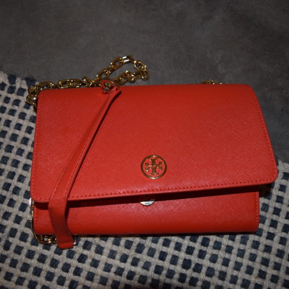 Tory Burch Robinson Leather Wallet on a Chain - Red